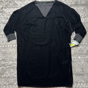LAUREN RALPH LAUREN NWT Black Velvet Shift Dress Womens 20W Lined Cuffed Sleeve